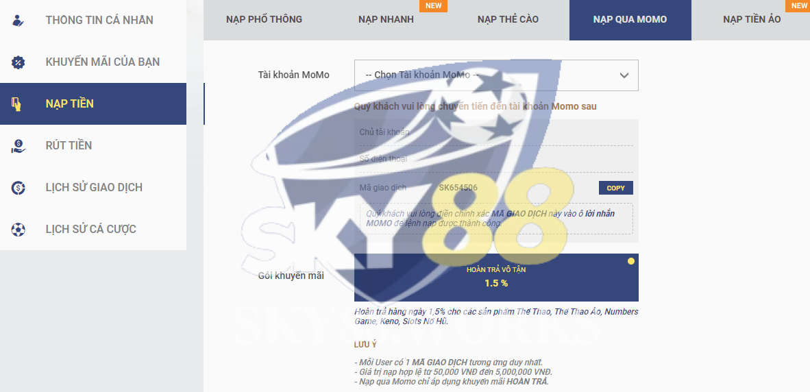nạp tiền sky88 nạp qua momo