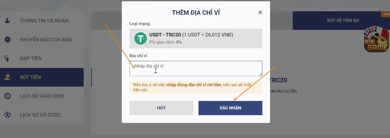 nhập địa chỉ ví tiền ảo để hoàn thành các bước rút tiền sky88