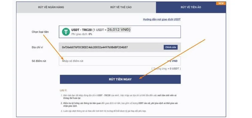 Nhập số điểm muốn rút về ví tương ứng số tiền trong tài khoản sky88